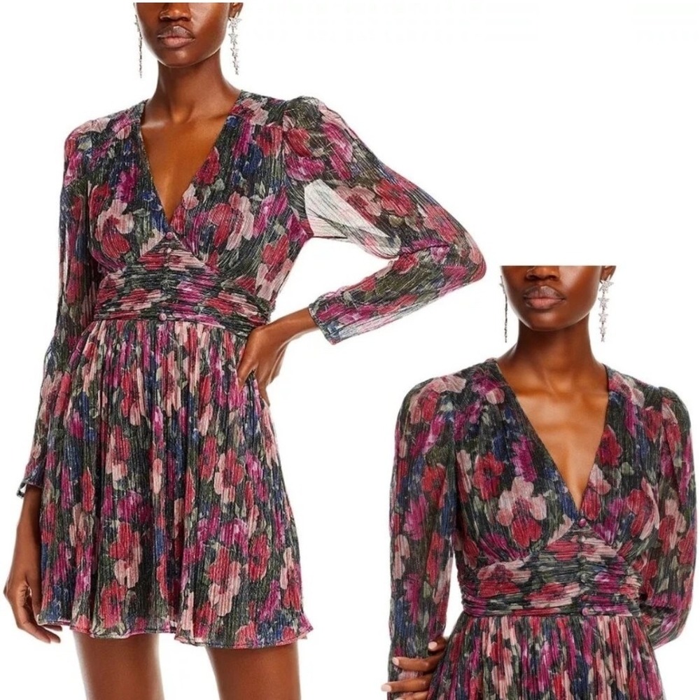 Dex Floral Metallic Pleated‎ Mini Dress Long Sleeve V-Neck Black Pink Small Nwot